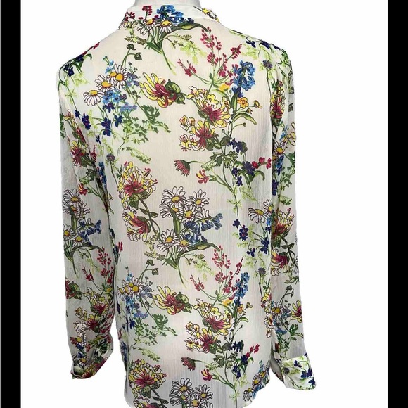 H&M Top Botanical Floral Print Chiffon Blouse Ruffle Button Down Size 6, - Picture 4 of 9
